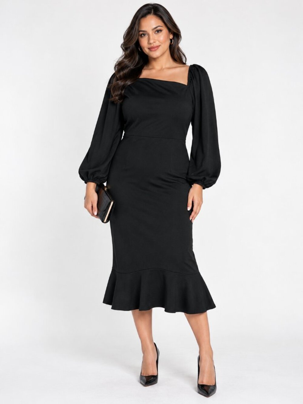 GRACE KARIN XL Black Midi Dress Oblique Neck Balloon Sleeve Cocktail NWT